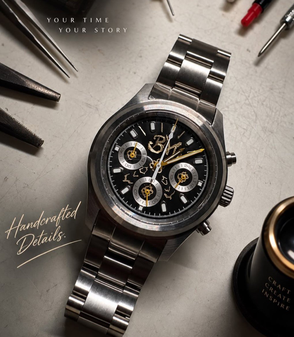 Steel BM chronograph with black hand-customized dial