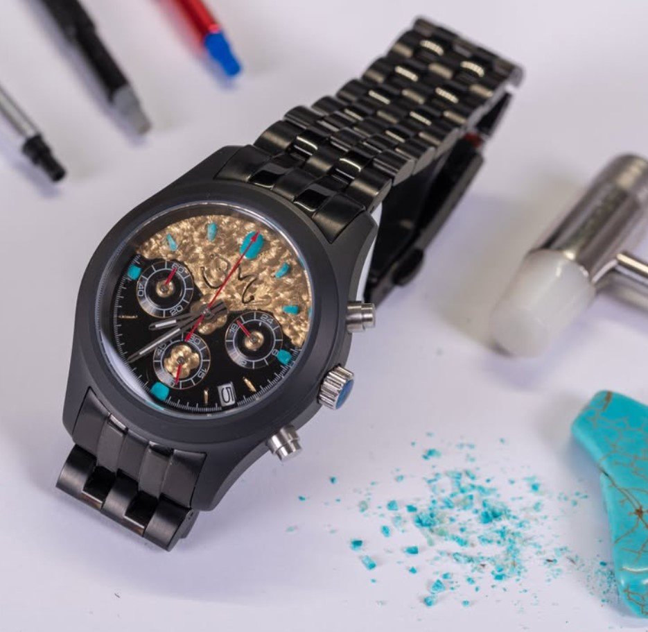 Black BM chronograph with handmade textured dial and natural turquoise details